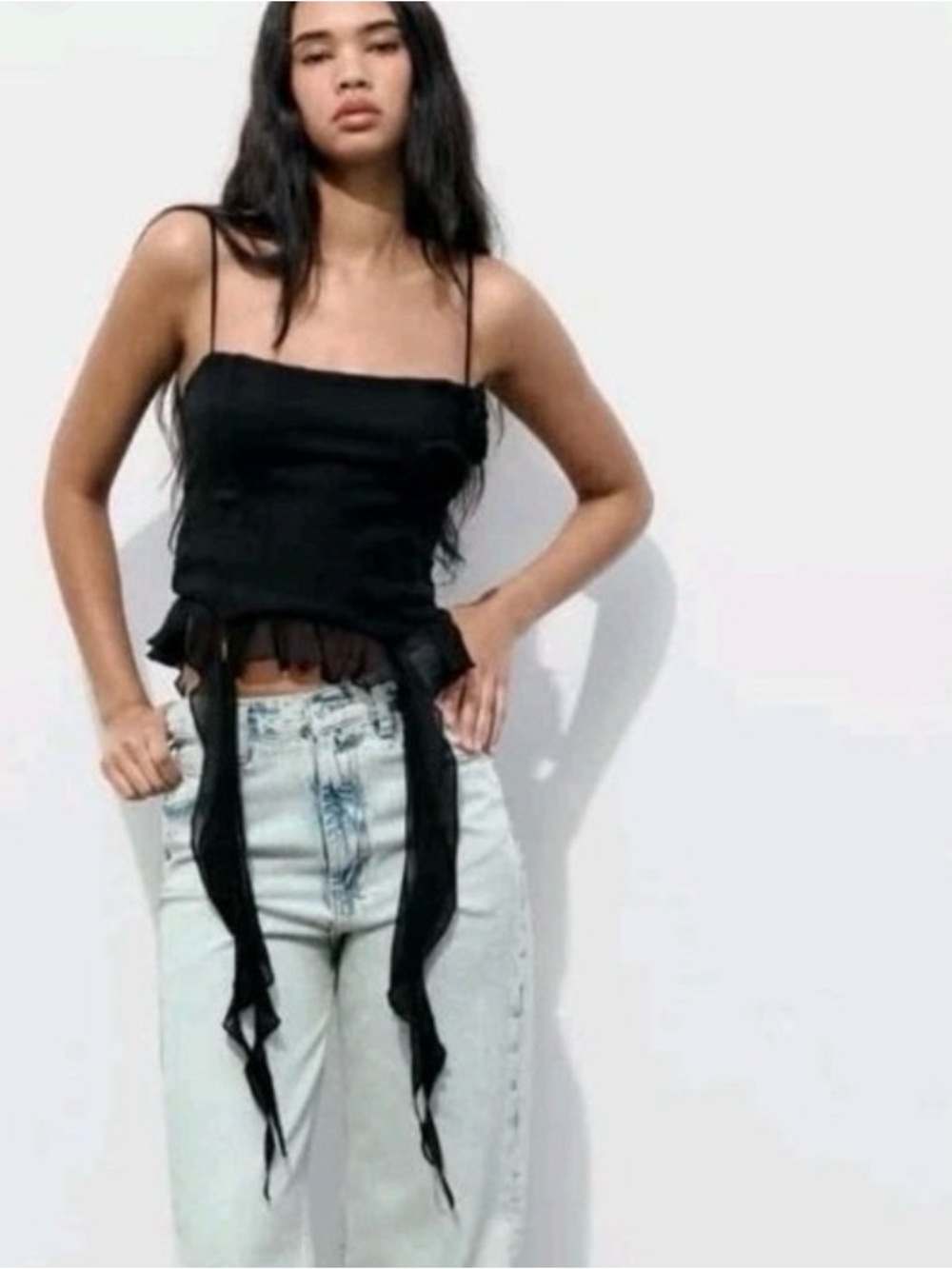 Zara Black Spaghetti-Strap Ribbon Rose Camisole